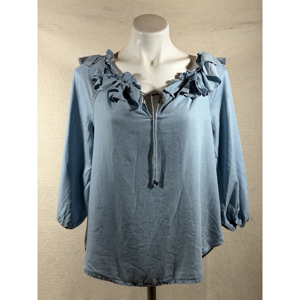 Lauren Ralph Lauren Koury Chambray Ruffle Blouse Blue Boho Coastal Cowgirl